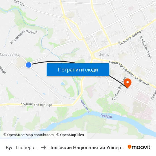 Вул. Піонерська to Поліський Національний Університет map