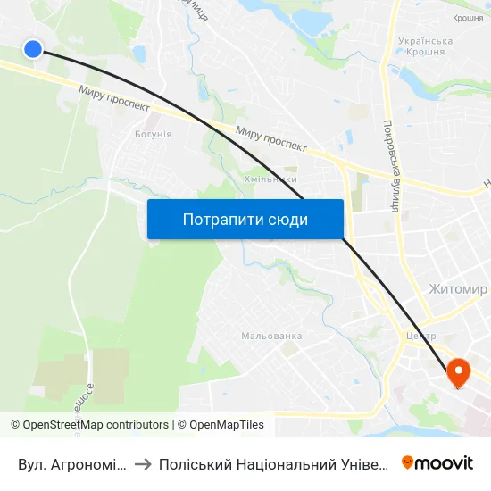 Вул. Агрономічна to Поліський Національний Університет map