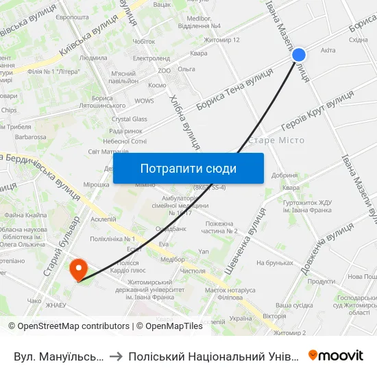 Вул. Мануїльського to Поліський Національний Університет map