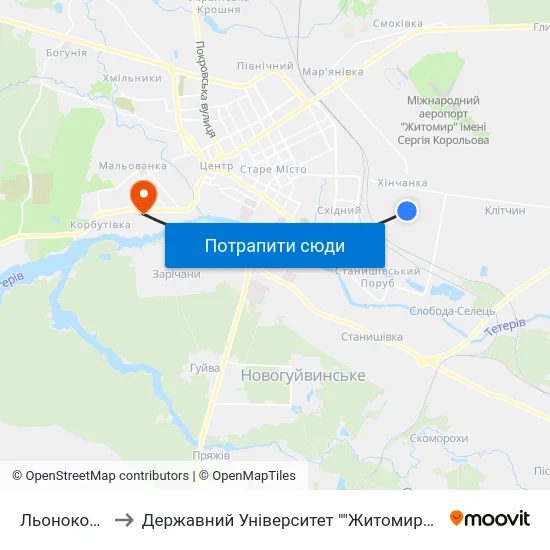 Льонокомбінат to Державний Університет ""Житомирська Політехніка"" map