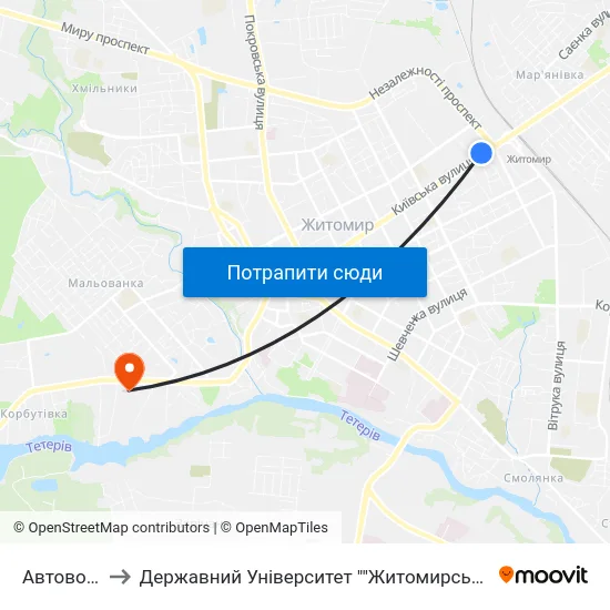 Автовокзал to Державний Університет ""Житомирська Політехніка"" map