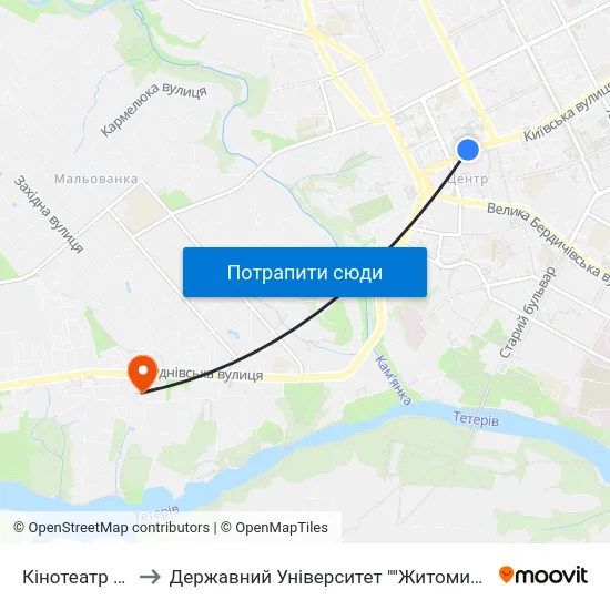 Кінотеатр Україна to Державний Університет ""Житомирська Політехніка"" map