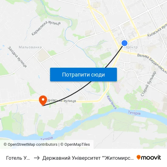 Готель Україна to Державний Університет ""Житомирська Політехніка"" map