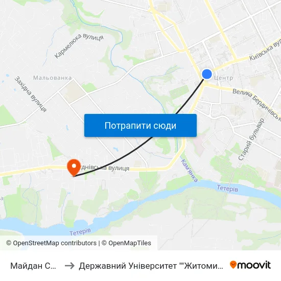 Майдан Соборний to Державний Університет ""Житомирська Політехніка"" map