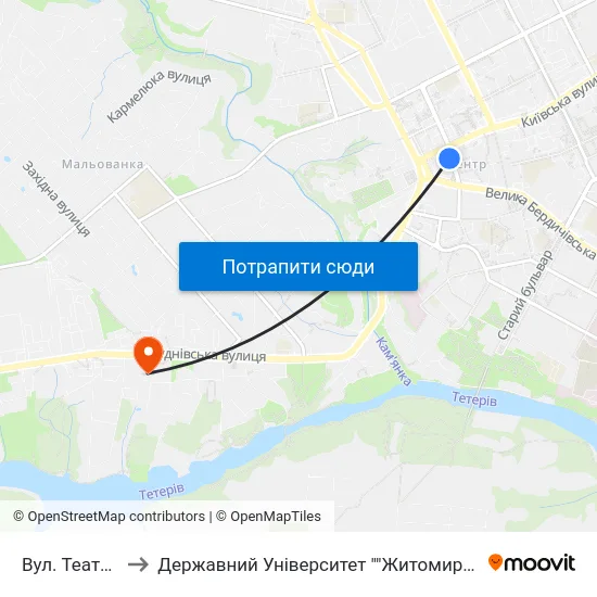 Вул. Театральна to Державний Університет ""Житомирська Політехніка"" map