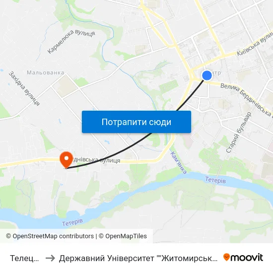 Телецентр to Державний Університет ""Житомирська Політехніка"" map