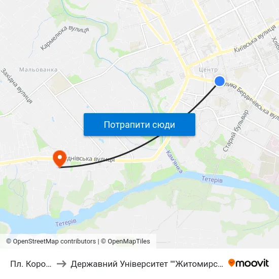 Пл. Корольова to Державний Університет ""Житомирська Політехніка"" map