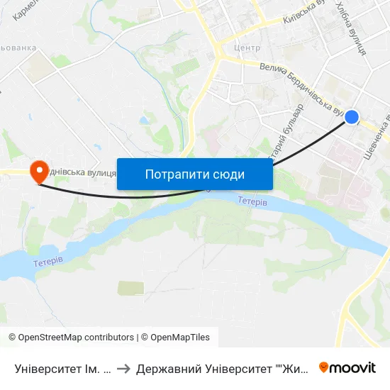 Університет Ім. Івана Франка to Державний Університет ""Житомирська Політехніка"" map