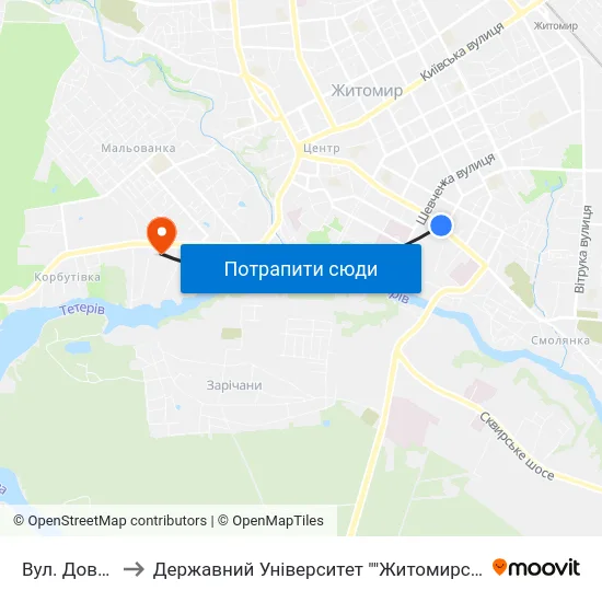 Вул. Довженка to Державний Університет ""Житомирська Політехніка"" map