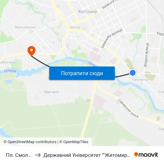 Пл. Смолянська to Державний Університет ""Житомирська Політехніка"" map