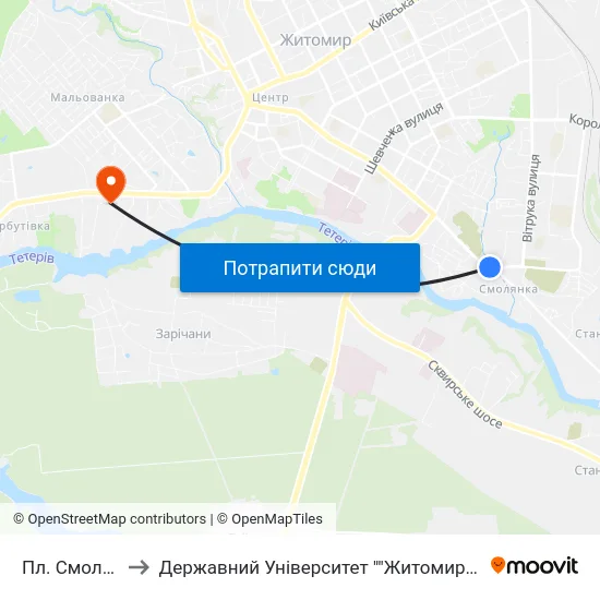 Пл. Смолянська to Державний Університет ""Житомирська Політехніка"" map