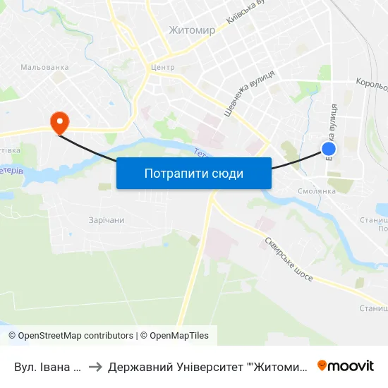 Вул. Івана Огієнка to Державний Університет ""Житомирська Політехніка"" map