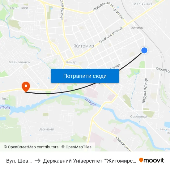 Вул. Шевченка to Державний Університет ""Житомирська Політехніка"" map