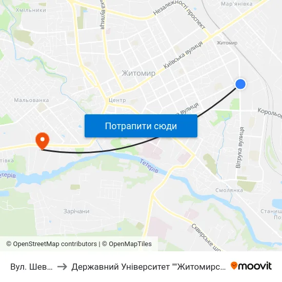 Вул. Шевченка to Державний Університет ""Житомирська Політехніка"" map