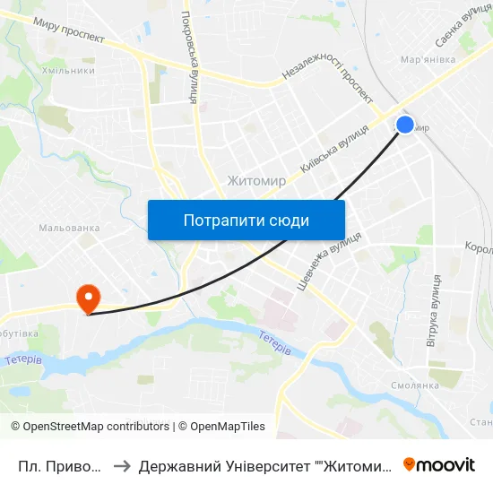 Пл. Привокзальна to Державний Університет ""Житомирська Політехніка"" map