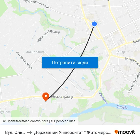 Вул. Ольжича to Державний Університет ""Житомирська Політехніка"" map