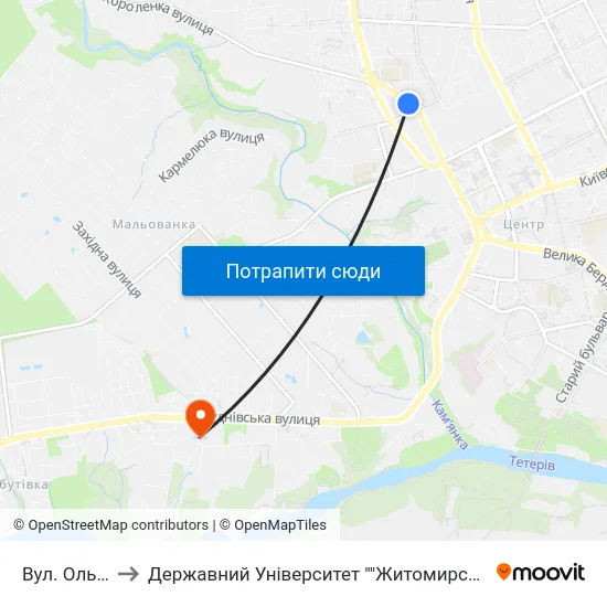 Вул. Ольжича to Державний Університет ""Житомирська Політехніка"" map
