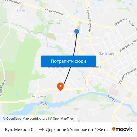 Вул. Миколи Сціборського to Державний Університет ""Житомирська Політехніка"" map