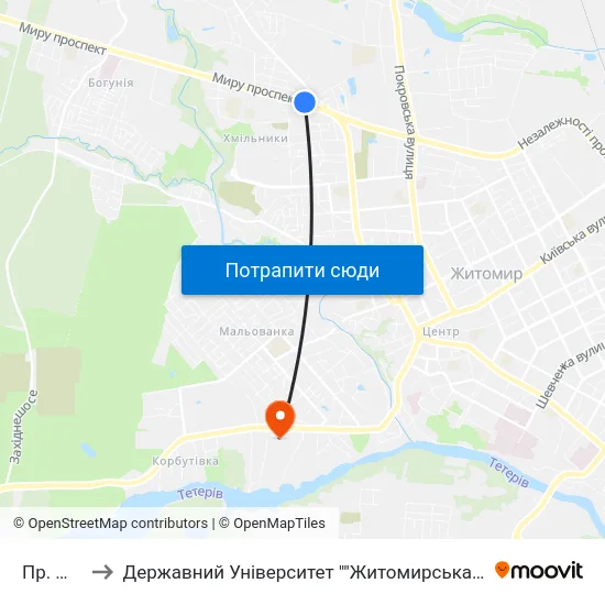 Пр. Миру to Державний Університет ""Житомирська Політехніка"" map