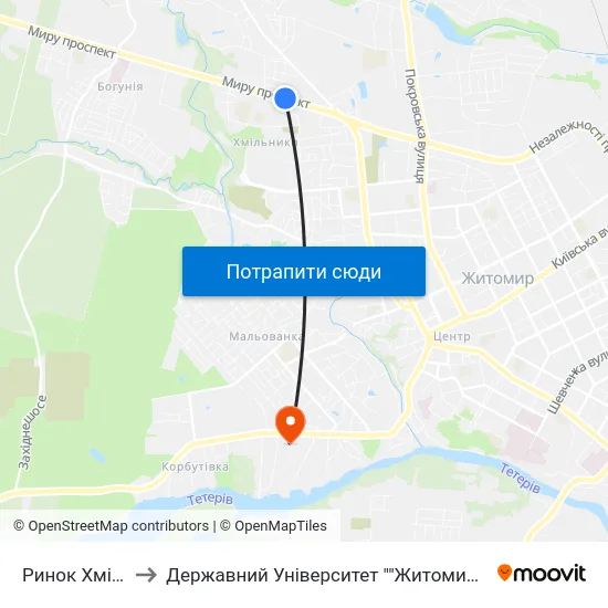 Ринок Хмільники to Державний Університет ""Житомирська Політехніка"" map