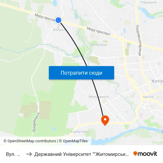 Вул. Миру to Державний Університет ""Житомирська Політехніка"" map