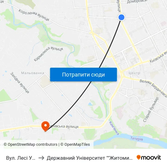 Вул. Лесі Українки to Державний Університет ""Житомирська Політехніка"" map