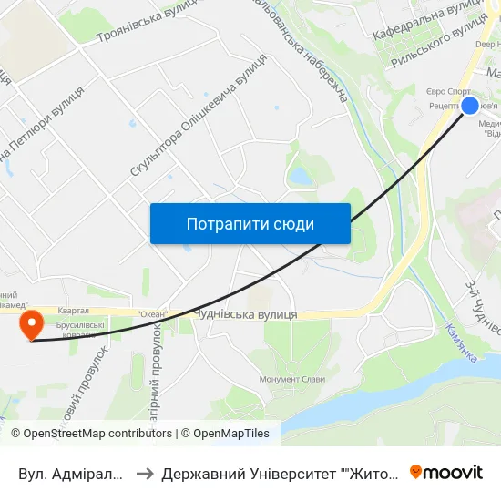 Вул. Адмірала Щастного to Державний Університет ""Житомирська Політехніка"" map