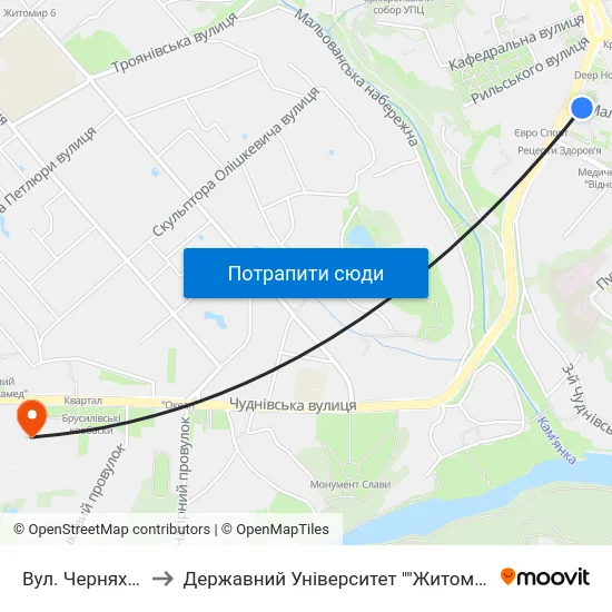 Вул. Черняховського to Державний Університет ""Житомирська Політехніка"" map