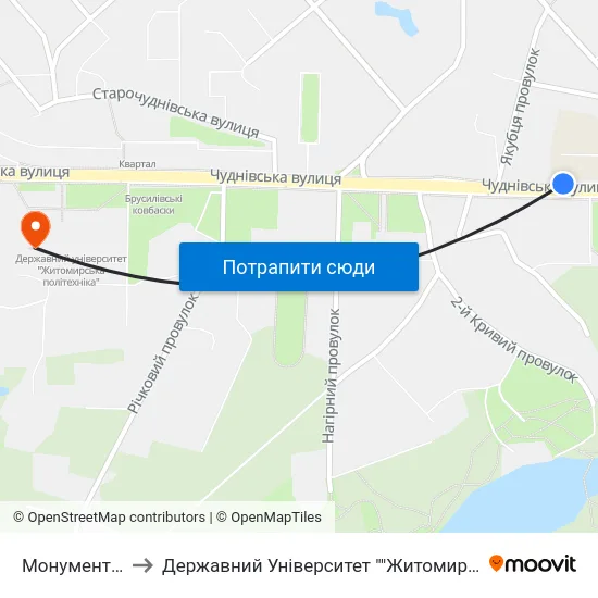 Монумент Слави to Державний Університет ""Житомирська Політехніка"" map