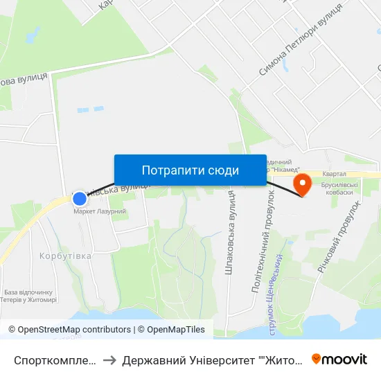 Спорткомплекс Динамо to Державний Університет ""Житомирська Політехніка"" map