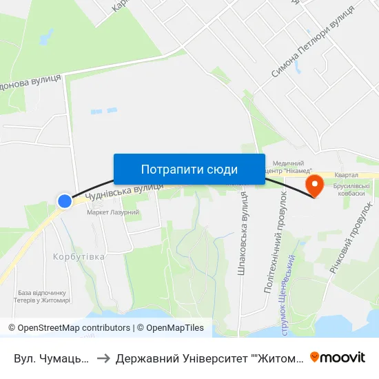 Вул. Чумацький Шлях to Державний Університет ""Житомирська Політехніка"" map