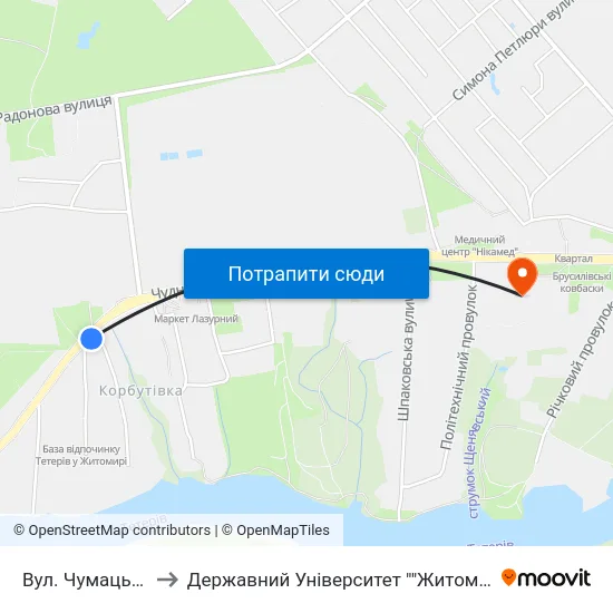 Вул. Чумацький Шлях to Державний Університет ""Житомирська Політехніка"" map