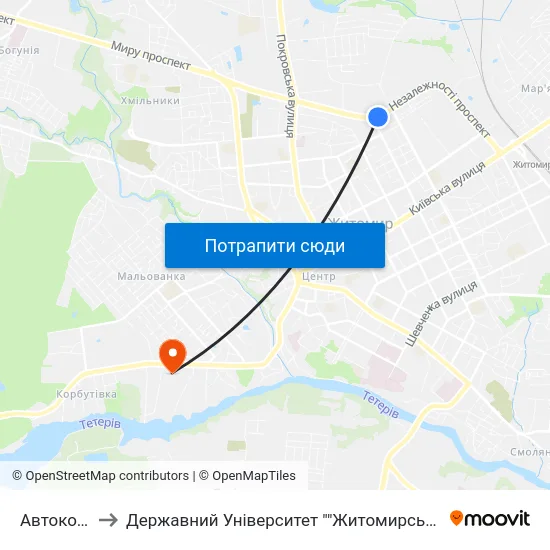 Автоколона to Державний Університет ""Житомирська Політехніка"" map