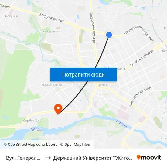 Вул. Генерала Потапова to Державний Університет ""Житомирська Політехніка"" map