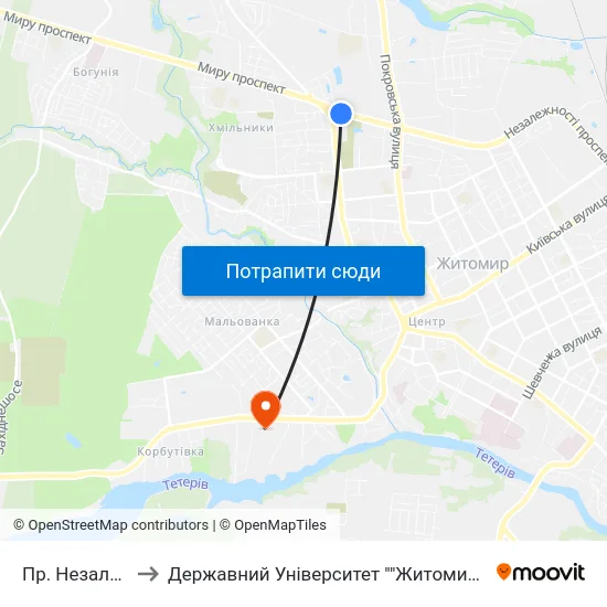 Пр. Незалежності to Державний Університет ""Житомирська Політехніка"" map