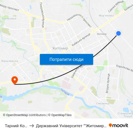 Тарний Комбінат to Державний Університет ""Житомирська Політехніка"" map