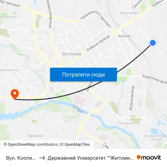Вул. Кооперативна to Державний Університет ""Житомирська Політехніка"" map