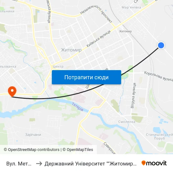 Вул. Металістів to Державний Університет ""Житомирська Політехніка"" map