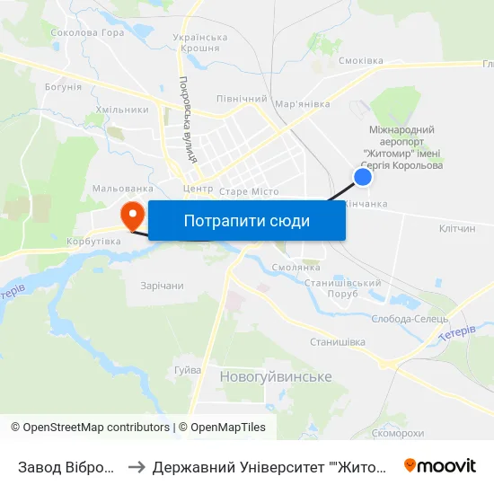 Завод Вібросепаратор to Державний Університет ""Житомирська Політехніка"" map