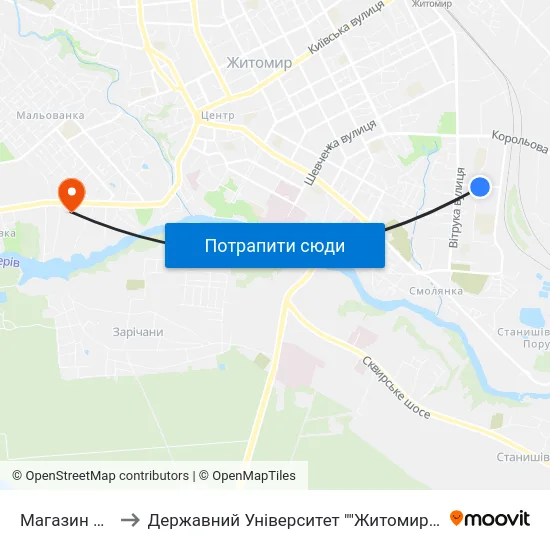 Магазин Берізка to Державний Університет ""Житомирська Політехніка"" map