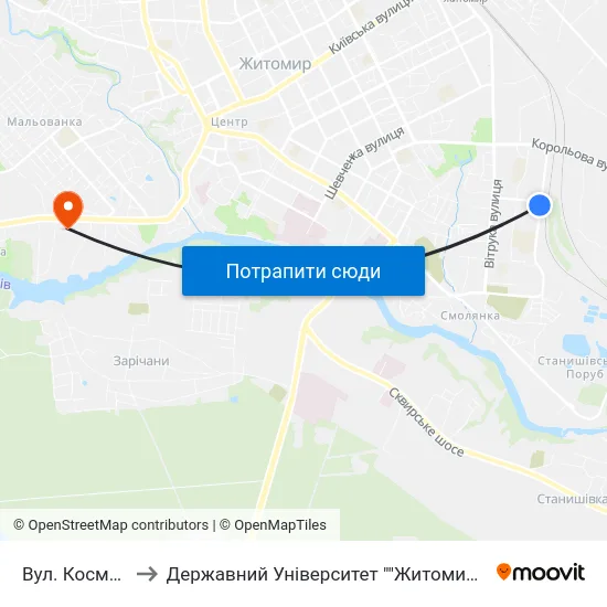 Вул. Космонавтів to Державний Університет ""Житомирська Політехніка"" map
