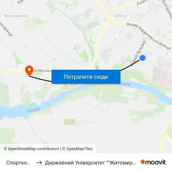 Спорткомплекс to Державний Університет ""Житомирська Політехніка"" map
