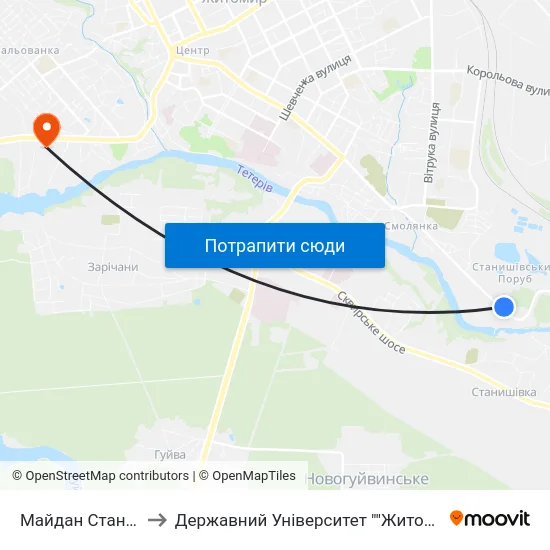 Майдан Станишівський to Державний Університет ""Житомирська Політехніка"" map