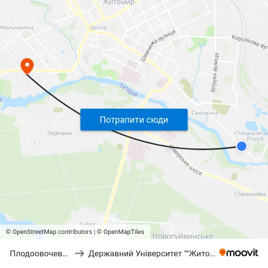 Плодоовочевий Комбінат to Державний Університет ""Житомирська Політехніка"" map
