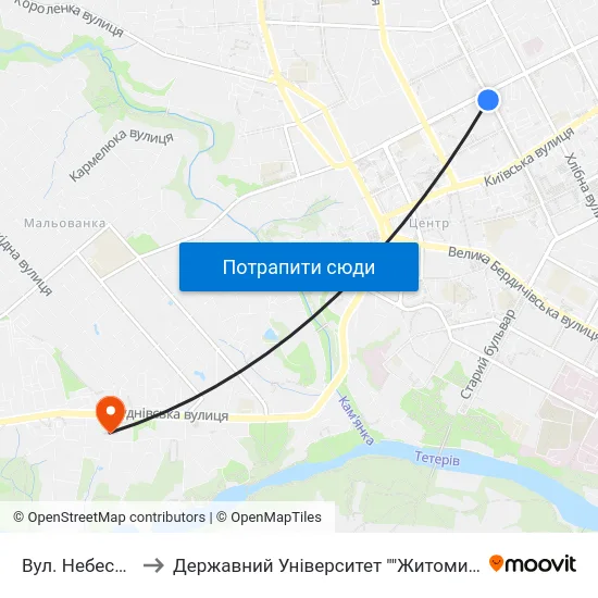Вул. Небесної Сотні to Державний Університет ""Житомирська Політехніка"" map
