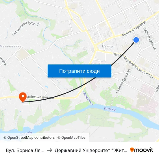Вул. Бориса Лятошинського to Державний Університет ""Житомирська Політехніка"" map