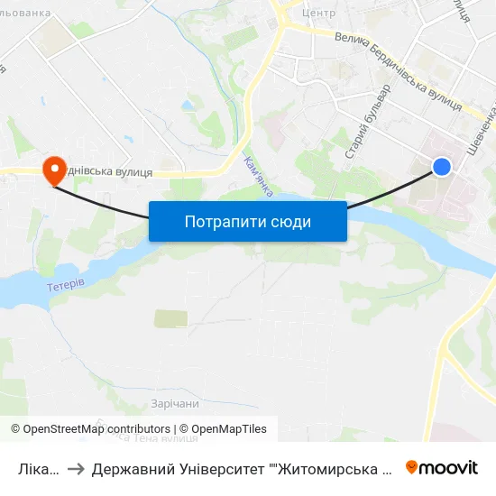 Лікарні to Державний Університет ""Житомирська Політехніка"" map