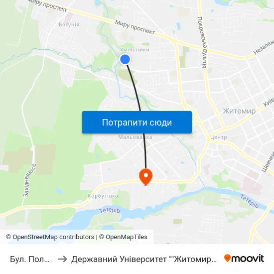 Бул. Польський to Державний Університет ""Житомирська Політехніка"" map
