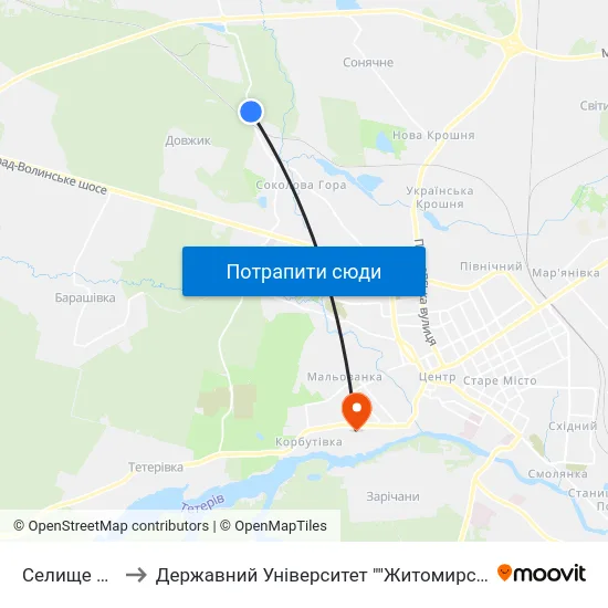 Селище Лісове to Державний Університет ""Житомирська Політехніка"" map