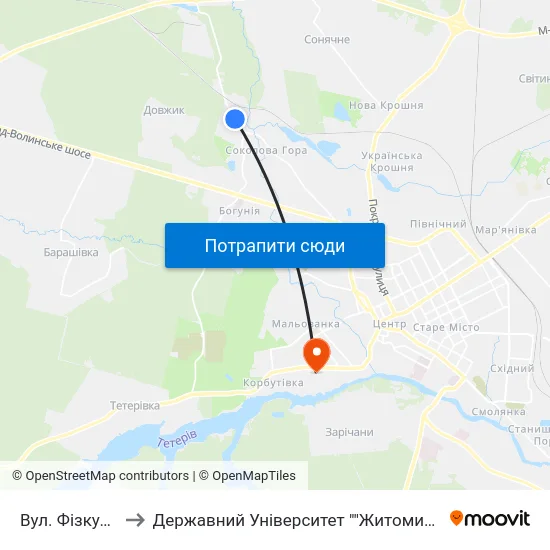 Вул. Фізкультурна to Державний Університет ""Житомирська Політехніка"" map